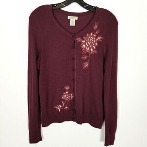 Lucky Brand Women Merino Wool Cardigan Sweater Size M Embroidered Maroon